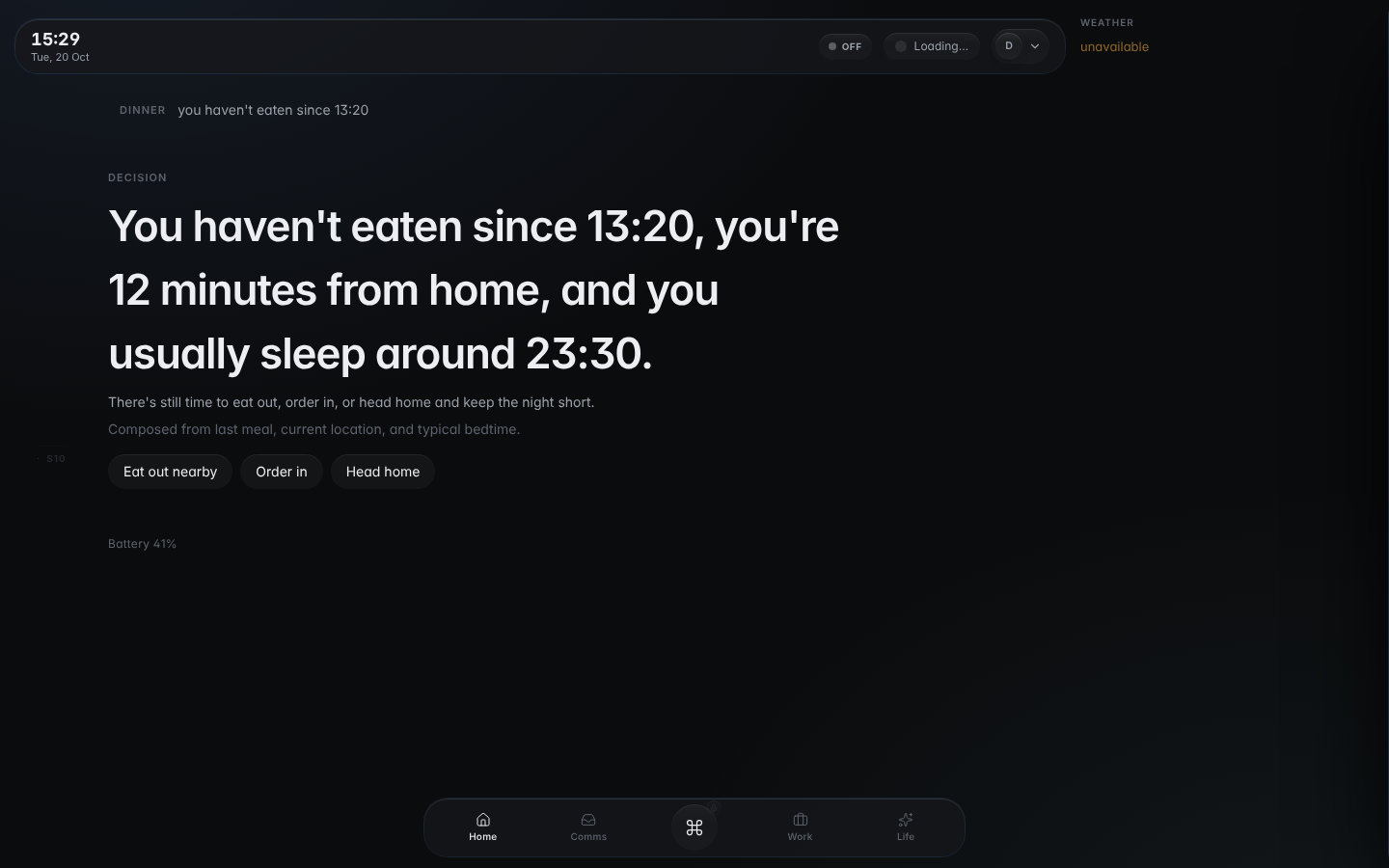 DalOS Spatial interface prototype: dark canvas with a featured decision and actions