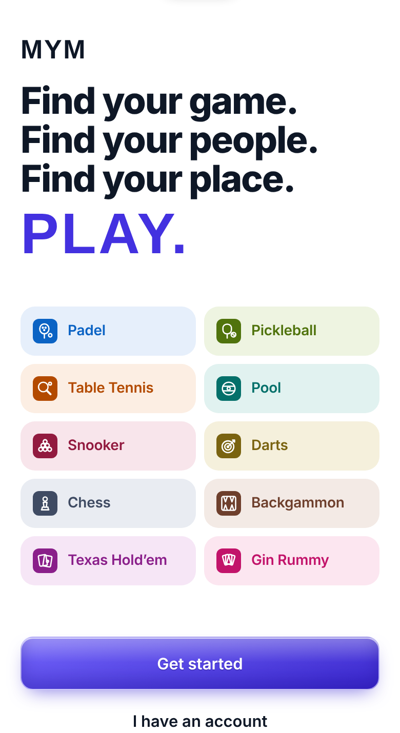 Meet your Match player app prototype: the opening screen listing ten games